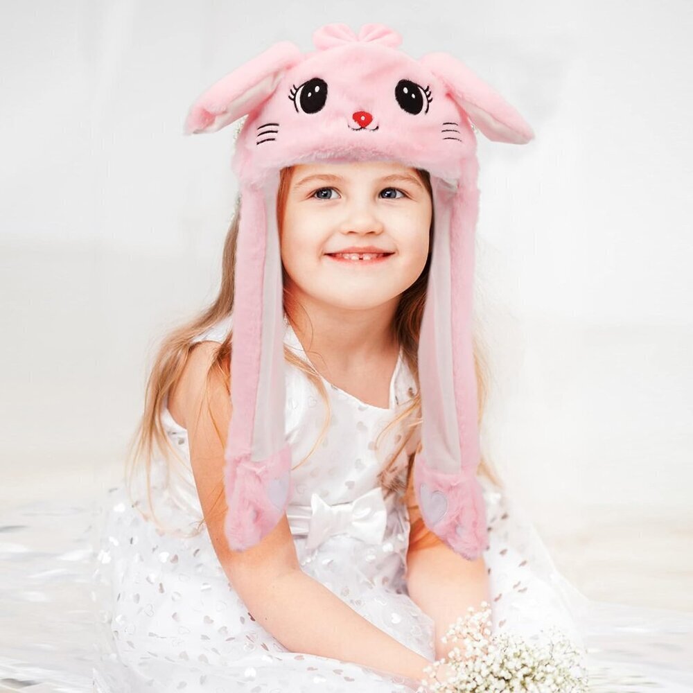 Kids Cat_pink Animal Hat with Ears Moving Jumping Pop Up Beating Plush Holiday - Picture 4 of 9